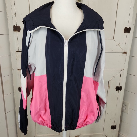 Betsy Johnson Color Block Hooded Lightweight Windbreaker Jacket Sz L Retro - Picture 1 of 11
